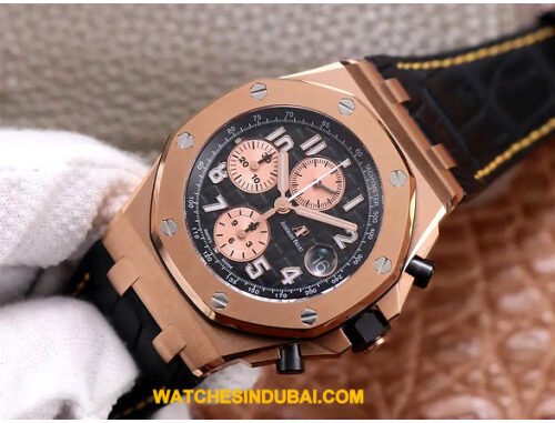 AUDEMARS PIGUET ROYAL OAK OFF SHORE BLACK DIAL ROSE GOLD BAZEL WITH BLACK LEATHER STRAP 42 MM SUPER MASTER CLONE WATCH