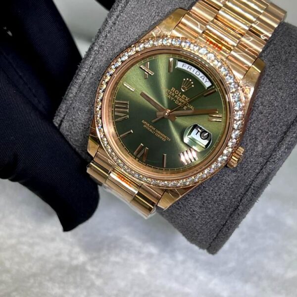 Rolex Day Date 40 mm olive Green Dial With Stone Numeric super clone watches in dubai